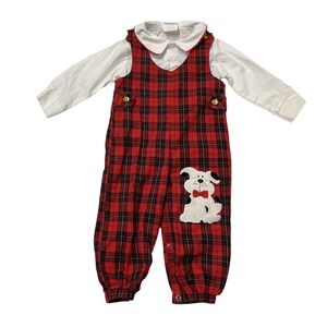 Vintage Little Goodies Jumper Overalls Red Plaid Puppy Dog Detail Size 18M 2PC